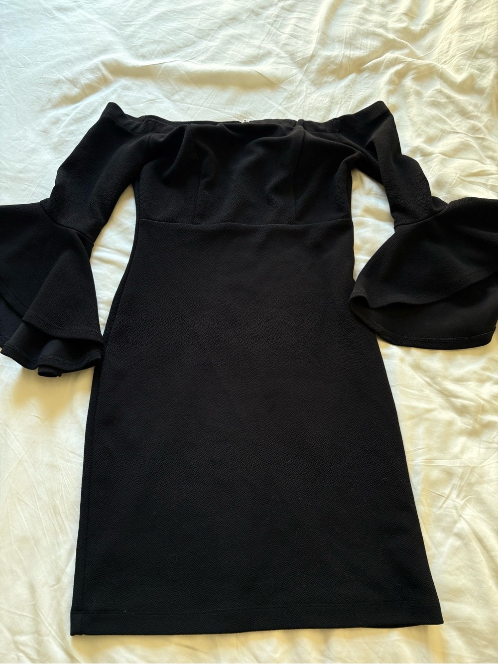 Teeze Me Black Off-Shoulder Dress with Ruffled Bell Sleeves (Fits like a Small)